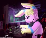 anthro chair computer electronics furniture hacker hacking hair headgear headphones headset keyboard male monitor soft_drink solo text typing senz lagomorph leporid mammal mouse murid murine rabbit rodent 2017 hi_res url