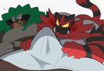 anthro blush bodily_fluids bulge clothed clothing duo erection erection_under_clothing genitals looking_at_bulge looking_at_genitalia looking_at_penis male male/male penis sleeping sweat tenting hyaku_(artist) nintendo pokemon generation_7_pokemon generation_8_pokemon incineroar pokemon_(species) rillaboom 2d_animation animated frame_by_frame loop short_playtime