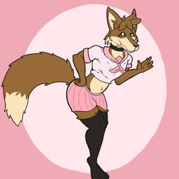 anthro black_clothing brown_body choker clothed clothing fur gesture hair jewelry legwear looking_at_viewer male necklace pink_clothing simple_background smile solo tail thigh_highs waving waving_at_viewer spazlovesdew canid canine fox mammal 1:1 hi_res