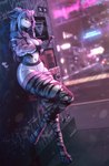 anthro city city_background clothing cyberpunk electronics graffiti gynomorph holding_object hooves horn intersex latex latex_clothing legwear neon neon_lights night phone pink_outfit solo stockings street tights torn_clothing torn_legwear torn_stockings vaspi caprice bovid caprine goat mammal absurd_res hi_res