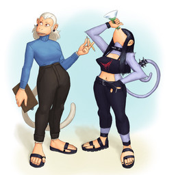 5_fingers 5_toes accessory anthro bangs belt black_nails bottomwear bracelet clipboard clothed clothing collar colored_nails crop_top digit_ring drinking duo ear_piercing eyes_closed fangs feet female fingerless_gloves fingers flask footwear fully_clothed fur furgonomics gloves grey_body grey_fur hair handwear holding_object jewelry midriff nails navel open_mouth pants pencil_(object) piercing prehensile_feet ring sandals shirt shoes spiked_collar spiked_tailband spikes standing studded_bracelet studded_jewelry studs sweater tail tail_accessory tailband teeth toe_ring toes topwear turtleneck white_body white_fur white_hair redustheriotact beth_(redustheriotact) lucy_(davestoons) haplorhine mammal monkey primate 2022 hi_res
