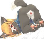 all_fours anthro anus ass_up bent_over biped black_body black_fur blonde_hair blush bodily_fluids bottomless breath butt claws clothed clothing cum cum_on_pussy fangs female fur gaping gaping_pussy genital_fluids genitals hair kemono loli one_eye_closed panting pawpads paws pussy raised_tail red_eyes solo tail teeth wink y_anus young young_anthro young_female kishibe futaba_channel akuma_gaoru canid canine canis mammal wolf censored mosaic_censorship