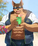 abs anthro blush brown_body brown_fur clothing cocktail_glass container cup drinking_glass drinking_straw eyewear fur glass glass_container glass_cup glowing glowing_eyes male muscular muscular_anthro muscular_male pecs smile solo sunglasses swimwear suna_sand1 lifewonders tokyo_afterschool_summoners xolotl_(tas) canid canine canis dobermann domestic_dog mammal pinscher hi_res