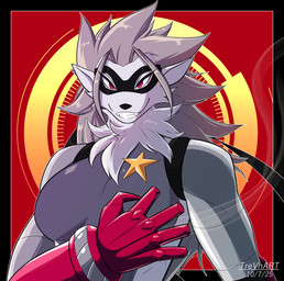 abstract_background anthro badge big_breasts breasts clothed clothed_anthro clothed_female clothing cybernetic_arm cybernetic_limb cybernetics eyemask eyewear fangs featureless_breasts female front_view fur grey_hair hair long_hair looking_at_viewer machine mask mechanical_arm neck_tuft red_eyes smile smoke solo star teeth text tuft wearing_mask white_body white_fur trevhart bandai_namco digimon badger cyborg digimon_(species) mammal mustelid musteline wolvermon 2025 absurd_res artist_name bust_portrait dated hi_res portrait