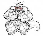 alphys anthro big_muscles blush bodily_fluids buckteeth embarrassed eyewear female front_view furry_(artist) genitals glasses hi_res huge_muscles hyper hyper_muscles looking_at_viewer muscular muscular_anthro muscular_female nude pussy reptile scalie solo standing sweat tail teeth thick_tail undertale undertale_(series)
