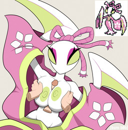 anthro areola asian_clothing big_breasts breast_play breasts clothing east_asian_clothing eyeshadow female female_anthro green_areola green_nipples japanese_clothing kimono makeup nipples sex solo solo_focus titfuck burnb0b mantis_(deltarune) arthropod darkner insect mantis hi_res reference_image