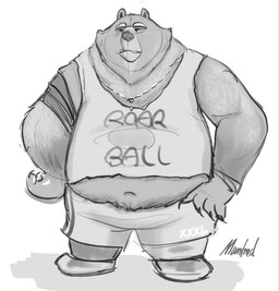 anthro bottomwear clothed clothing eye_scar facial_scar fur jewelry male necklace overweight overweight_anthro overweight_male scar shirt shorts simple_background solo text text_on_clothing text_on_shirt text_on_topwear topwear white_background manfred_chan7 goat_(movie) sony_corporation sony_pictures grizz_(goat) bear brown_bear grizzly_bear mammal ursine 2026 digital_media_(artwork) greyscale hi_res monochrome