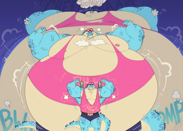 air_inflation anthro backwards_hat belt bloated blue_bottomwear blue_clothing blue_shorts bottomwear clothing expansion flexing flexing_bicep flexing_both_biceps hat headgear headwear implied_popping inflation male musclegut muscular muscular_anthro muscular_male pink_clothing pink_shirt pink_tank_top pink_topwear pump_(massiveguild) red_cap shirt shorts solo sound_effects swelling tank_top text topwear massiveguild crocodile crocodilian reptile scalie 2026 english_text hi_res sequence