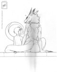 anthro big_breasts breasts butt collar duo female heart_symbol horn nude size_difference smile tail text wide_hips walter_sache meera human mammal synx 2013 dated traditional_media_(artwork)