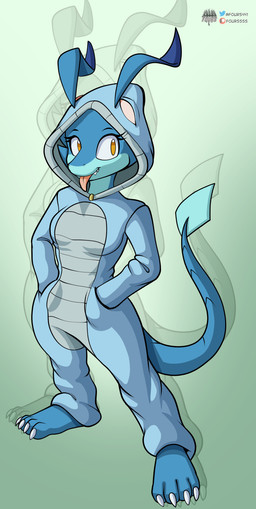anthro barefoot blep blue_body breasts clothing feet female hand_in_pocket high-angle_view kigurumi looking_at_viewer non-mammal_breasts onesie pockets solo tongue tongue_out fourssss skitter_the_gecko gecko lizard reptile scalie 2026 hi_res