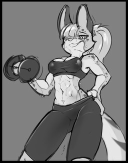 abs anthro athletic athletic_anthro athletic_female black_border black_clothing bodily_fluids border bra clothed clothing exercise female fur hair hair_over_eye long_ears looking_at_viewer looking_down markings muscular muscular_anthro muscular_female one_eye_obstructed ponytail simple_background smile smirk solo sports_bra spots spotted_body spotted_fur sweat tight_clothing topwear underwear workout workout_clothing workout_equipment remarkably_average sonya_parvati_(remarkably_average) felid feline lagomorph leporid mammal serval digital_drawing_(artwork) digital_media_(artwork) greyscale monochrome sketch