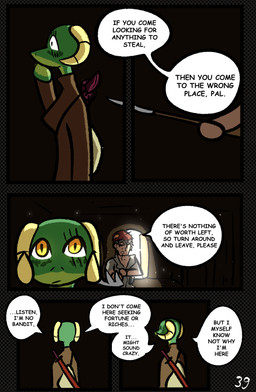 anthro clothed clothing dialogue duo female horn male melee_weapon speech_bubble sword text weapon yellow_eyes brradett lernie_(brradett) human mammal scalie absurd_res colored comic digital_media_(artwork) english_text hi_res