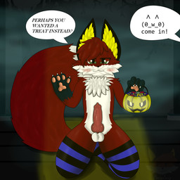 animal_genitalia animal_penis anthro aroused aroused_smile balls black_body black_ears black_fur blush candy canine_genitalia canine_penis chest_tuft claws clothing dessert detailed_background dialogue floor fog food fur genitals glistening glistening_genitalia green_eyes hair holding_object holidays jack-o'-lantern kemono kneeling legwear looking_at_viewer male night pawpads paws penis pillar plant red_body red_fur smile smiling_at_viewer solo speech_bubble tail text thigh_highs tree tuft vein veiny_penis white_body white_fur yellow_ears davyluiz halloween davy_(davyluiz) canid canine fox mammal red_fox true_fox 1:1 2025 digital_media_(artwork) english_text hi_res shaded watermark
