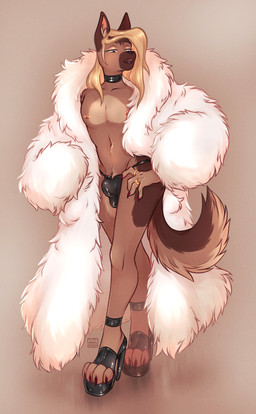 anthro areola barbell_piercing biped blonde_hair brown_body brown_fur bulge choker clothed clothing collar colored_nails detailed_bulge femboy fluffy fluffy_tail footwear fur fur_coat furcoat genital_outline hair heart_(marking) high_heels jewelry latex latex_clothing latex_collar latex_underwear looking_at_viewer male male_anthro markings nails necklace nipple_barbell nipple_piercing nipples open_mouth piercing sheath_outline shoes simple_background solo standing tail tight_clothing underwear white_body white_fur pingpuxy canid canine canis domestic_dog german_shepherd herding_dog mammal pastoral_dog absurd_res digital_drawing_(artwork) digital_media_(artwork) hi_res