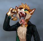 2018 4_fingers anthro ash_fox_(skeleion) blue_eyes bodily_fluids canid canine chest_tuft claws clenched_teeth clothed clothing digital_media_(artwork) fangs female finger_claws fingers fox fur green_eyes grey_background group hi_res jacket male male_pred mammal micro mouse murid murine open_clothing open_jacket open_mouth open_topwear oral_vore red_eyes rodent saliva shaded signature simple_background size_difference skeleion teeth tofu_(ralenfox) tongue tongue_out topwear trio tuft vore