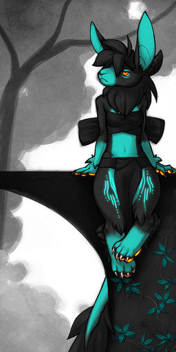 black_body black_fur black_hair black_tail blue_body blue_skin blue_tail bottomwear clothing detailed_background female fur grumpy hair loincloth midriff multicolored_body multicolored_fur multicolored_tail sitting solo tail toony two_tone_body two_tone_fur ziibly 2009 hi_res