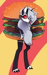 anthro burger burger_costume clothed clothing costume female food food_costume simple_background solo standing haxarts helluva_boss mythology loona_(helluva_boss) canid canid_demon canine demon hellhound mammal mythological_canine mythological_creature absurd_res hi_res