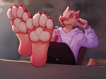 4_toes anthro barefoot cellphone clothing electronics feet feet_up foot_focus fur hair hoodie looking_at_viewer male pawpads paws phone red_body red_fur smartphone smile soles solo toes topwear aliscik canid canine mammal hi_res