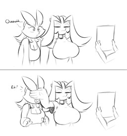 2_panel_comic anthro big_breasts bodily_fluids breasts clothing drooling duo eyebrows eyes_closed female hair hand_on_eye holding_mirror holding_object huge_breasts hypnosis mind_control mirror open_mouth saliva shirt spiral spiral_eyes tank_top topwear averyshadydolphin mythology miajou yaojou dragon human jou mammal mythological_creature mythological_scalie scalie 2017 black_and_white comic digital_drawing_(artwork) digital_media_(artwork) hi_res monochrome sketch unavailable_at_source