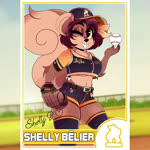 anthro arm_tuft ball baseball_(ball) baseball_cap breasts brown_body brown_fur chest_tuft clothing ear_piercing elbow_tuft eyebrows eyelashes female fur hair hat headgear headwear heart_symbol looking_at_viewer midriff navel one_eye_closed piercing purple_hair short_hair solo text topwear tuft under_boob wireless_shiba shelly_bélier mammal rodent sciurid tree_squirrel 1:1 2022 2d_animation animated english_text motion_tweening no_sound short_playtime webm