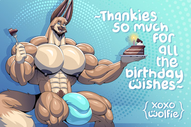 abs abstract_background anthro areola balls beard biceps big_balls big_bulge big_muscles big_nipples big_pecs birthday birthday_cake birthday_candle black_nipples blue_eyes bulge cake candle clothed clothing cutlery dessert facial_hair food fork genitals huge_balls huge_bulge huge_muscles huge_pecs kitchen_utensils looking_at_viewer male muscular muscular_anthro muscular_male mustache nipples pecs pubes solo text tools underwear underwear_only xoxo wolfiecanem wolfie_canem canid canine canis hybrid lagomorph leporid mammal rabbit wolf 2026 absurd_res english_text hi_res signature