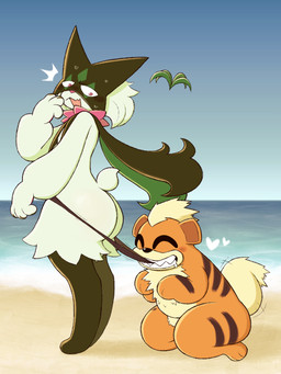 ambiguous_gender anthro beach big_butt bikini bikini_bottom bikini_bottom_only blush blush_lines bodily_fluids butt chest_tuft clenched_teeth clothed clothing clothing_pull coppertone_pose detailed_background drooling duo eyes_closed kneeling looking_back mask open_mouth paws saliva sand size_difference standing striped_body stripes sweat swimwear tail tail_motion tailwag teeth topless tuft two-piece_swimsuit zlut385 coppertone_(sunscreen) coppertone_girl nintendo pokemon generation_1_pokemon generation_9_pokemon growlithe meowscarada pokemon_(species) 3:4 colored hi_res textless