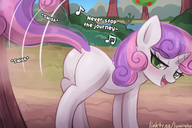 butt detailed_background dialogue eyelashes female feral green_eyes hair horn loli motion_lines multicolored_hair outside pink_hair plant pupils purple_hair quadruped smelly smelly_butt smile solo tail text tree white_body young lumineko friendship_is_magic hasbro my_little_pony mythology sweetie_belle_(mlp) equid equine mammal mythological_creature mythological_equine unicorn 3:2 english_text