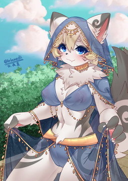 anthro blue_eyes bodily_fluids breasts clothing dancewear dancing female genital_fluids genitals hair kemono nipples nude pink_nipples sex_toy shy solo translucent translucent_clothing vaginal_fluids vulva white_body white_hair lalamedli canid canine canis mammal wolf absurd_res hi_res
