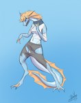 anthro aquatic_dragon blonde_hair blue_eyes claws clothing dragon feet female feral_transformation fin hair hi_res marine membrane_(anatomy) mythological_creature mythological_scalie mythology open_mouth scalie simple_background solo surprise swimming tail thatweirdguyjosh toes torn_clothing transformation water webbed_feet webbed_hands