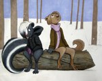 anthro brown_eyes clothed clothing duo female hair handwear log male mittens outside plant scarf sitting snow tree winter winter_clothing wood christaphorac erica ricky_(christaphorac) mammal mephitid mustelid otter skunk