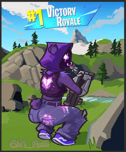 anthro biped border crouching female grey_border gun hand_print_on_butt pose ranged_weapon rifle sniper_rifle solo tongue tongue_out victory_royale weapon conditional_dnp girl_poss epic_games fortnite fortnite:_battle_royale raven_team_leader bear mammal absurd_res hi_res pinup