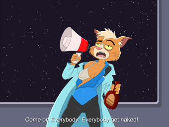 alcohol anthro beverage bra breasts camel_toe clothed clothing dialogue dominant dominant_female drunk female mature_anthro mature_female megaphone open_mouth solo substance_intoxication teeth text tongue underwear lonbluewolf star_trek star_trek_lower_decks the_simpsons dr._t'ana caitian felid mammal 2020 english_text subtitled