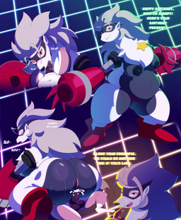 anthro areola balls belly big_belly big_breasts big_butt bodily_fluids breasts butt claws clothed clothing cowgirl_position cum cum_inside cybernetic_arm cybernetic_limb cybernetics duo erection fellatio female female_penetrated first_person_view from_front_position fur genital_fluids genitals grey_body grey_fur hair huge_breasts huge_butt long_hair machine male male/female mask mechanical_arm navel nipples nude on_bottom on_top oral oral_penetration overweight overweight_female penetration penile penile_penetration penis pink_body red_eyes sex smile text thick_thighs tongue vaginal vaginal_penetration white_body white_fur juanp1arts bandai_namco digimon digimon_beatbreak toei_animation juanpi_(deer) cyborg deer digimon_(species) mammal wolvermon absurd_res hi_res