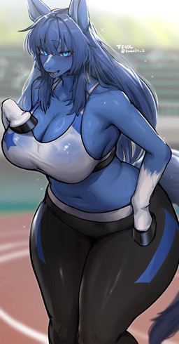 anthro big_breasts blue_body blue_fur blue_hair bodily_fluids bottomwear breasts cleavage clothed clothing female fur hair hoof_hands hooves huge_breasts kemono looking_at_viewer pants shirt solo sweat tail tank_top thick_thighs tight_bottomwear tight_clothing tight_pants topwear unguligrade wide_hips yoga_pants suurin_2 equid equine horse mammal hi_res