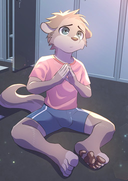 4_toes 5_fingers anthro blue_bottomwear blue_clothing blue_eyes blue_shorts bottomwear bulge clothed clothed_anthro clothed_male clothing countershade_ears countershade_feet countershade_legs countershade_neck countershade_tail countershade_torso countershading feet fingers floppy_ears fur gesture grey_body grey_fur hindpaw locker locker_room looking_up male multicolored_body multicolored_fur multicolored_tail on_ground pawpads paws pink_clothing pink_shirt pink_topwear red_nose red_pawpads shirt shorts sitting solo sparkles steepled_fingers tail toes topwear two_tone_body two_tone_fur young young_anthro young_male potato_12_13 mammal mustelid otter hi_res