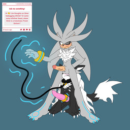 anthro duo leash male male/male tea_bagging telekinesis someweirdnut sega sonic_forces sonic_the_hedgehog_(series) infinite_(sonic) silver_the_hedgehog canid canine canis eulipotyphlan hedgehog jackal mammal 1:1 hi_res