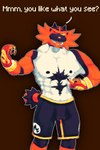 anthro body_hair bottomwear clothing flexing fur gesture green_eyes hand_gesture looking_at_viewer male muscular muscular_anthro muscular_male nipples one_eye_closed pointing red_body red_fur shorts simple_background solo speech_bubble teeth text wink joel1122 nintendo pokemon generation_7_pokemon incineroar mammal pokemon_(species) digital_media_(artwork) english_text hi_res pixel_(artwork)