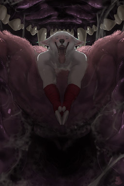 anthro blush bodily_fluids breath inside_mouth looking_pleasured male micro oral_vore saliva solo teeth throat tongue vore nolow canid canine canis mammal wolf 2024 absurd_res hi_res