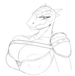 anthro areola areola_slip armor big_breasts breasts clothed clothing eye_scar facial_scar female huge_breasts leather leather_armor non-mammal_breasts scar skimpy solo dpronin bethesda_game_studios microsoft skyrim the_elder_scrolls deeja argonian reptile scalie monochrome sketch