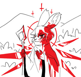 anthro aureola big_ears blood blood_on_clothing blood_splatter bodily_fluids cloak clothing cross floating_wings halo hand_on_heart inverted_cross rabbit_ears shepherd's_crook unusual_anatomy unusual_wings wings furufoo comet_(furufoo) hare lagomorph leporid mammal rabbit