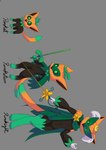 ambiguous_gender anthro black_body black_sclera cloak clothing crown feral flower food for_a_head fruit fur gloves_(marking) green_eyes grey_background group headgear holding_object holding_weapon inner_ear_fluff leg_markings markings melee_weapon multicolored_body multicolored_fur open_mouth plant pumpkin pumpkin_head simple_background socks_(marking) sword trio tuft weapon thedogface pumkat domestic_cat elemental_creature felid feline felis flora_fauna food_creature humanoid living_fruit mammal object_head absurd_res hi_res