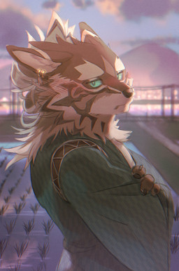 anthro asian_clothing blush brown_body brown_fur clothing countershading crossed_arms detailed_background ear_piercing east_asian_clothing fur green_clothing green_eyes looking_at_viewer male multicolored_body multicolored_fur outside piercing solo sunset white_body white_fur biri lifewonders tokyo_afterschool_summoners seth_(tas) canid canine canis jackal mammal 2022 hi_res