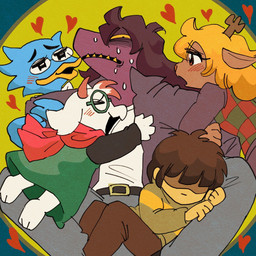 anthro blonde_hair blush embarrassed eyewear female female/female fur glasses group hair harem heart_symbol male male/female nervous sleeping white_body white_fur crescendeon deltarune undertale_(series) berdly kris_dreemurr noelle_holiday ralsei susie_(deltarune) avian bird bovid caprine deer goat human mammal new_world_deer reindeer 1:1 hi_res