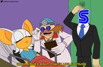 adjusting_glasses anthro bed black_eyes blue_eyewear blue_glasses clothing coat eyelashes eyewear female furniture glasses group male on_bed parody pink_nose text topwear trio white_clothing white_coat white_topwear wings flashpointgear sega sonic_the_hedgehog_(series) the_simpsons dr._eggman rouge_the_bat bat human humanoid mammal absurd_res english_text hi_res