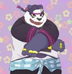 anthro belly bottomwear clothing cute_fangs fangs fur hat headgear headwear humanoid_hands male overweight overweight_anthro overweight_male purple_body purple_fur queue_(hairstyle) shirt shorts solo teeth topwear dasoowolf lifewonders tokyo_afterschool_summoners alp_(tas) bear giant_panda mammal 2019 absurd_res hi_res