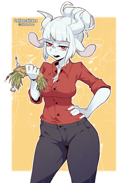alternate_species anthro bottomwear clothed clothing cutlery female fork fully_clothed furrification grass hair hand_on_hip holding_object horn kitchen_utensils looking_at_viewer open_mouth pants plant red_eyes shirt solo tools topwear white_hair coffeechicken helltaker goat_lucifer_(helltaker) bovid caprine goat mammal 2020 digital_media_(artwork) hi_res shaded