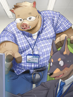anthro black_nose blush bottomwear bulge clothing duo eyewear glasses kemono male necktie overweight overweight_male pants shirt sitting standing topwear underwear numaro canid canine canis domestic_dog mammal suid suine sus_(pig) wild_boar 2026 absurd_res hi_res