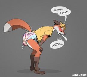 abdl anthro bodily_fluids clothing diaper embarrassed feces genital_fluids male messy panicking pooping raised_tail shaking shirt shocked soiled_diaper solo speech_bubble t-shirt tail topwear trembling unclean_diaper urine used_diaper wet_diaper milkhat barney_and_friends pbs barney_the_dinosaur canid canine fox mammal hi_res