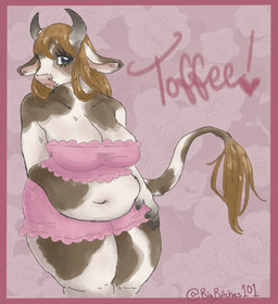 anthro belly breasts brown_hair cleavage clothed clothing exposed female flower hair name_tag overweight pajamas plant solo bigbitches101 toffee bovid bovine cattle humanoid mammal long hi_res