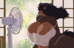 anthro big_breasts black_hair breasts brown_body brown_fur clothing curvy_figure door eating electric_fan eyes_closed fan_(object) female food fur hair huge_breasts inside japanese_door long_hair navel panties plant popsicle popsicle_in_mouth retro_anime_style shrub solo tail underwear venus_figure voluptuous white_clothing white_panties white_underwear wide_hips fenrir_brown fenrie_(fenrir_brown) canid canine canis mammal wolf digital_media_(artwork) hi_res